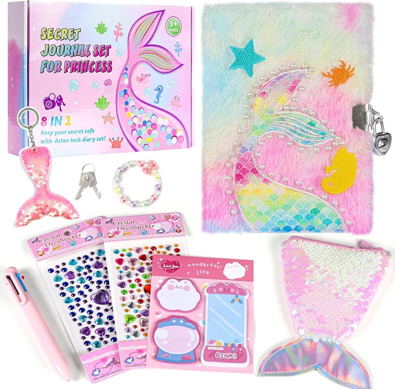 ASTEN Diary with Lock, 6 7 8 Year Old Girl Birthday Gift, Journal for Girls Ages 8-12, Kids Journal for Little Girl, Cute Notebook with Multicolors Pen and Purse, Locking Diary Fuzzy Mermaid Notebook (Pink) - Image 1